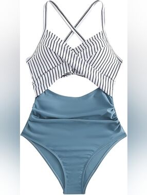 Blue & White Striped Cross-Front One-Piece Swimsuit